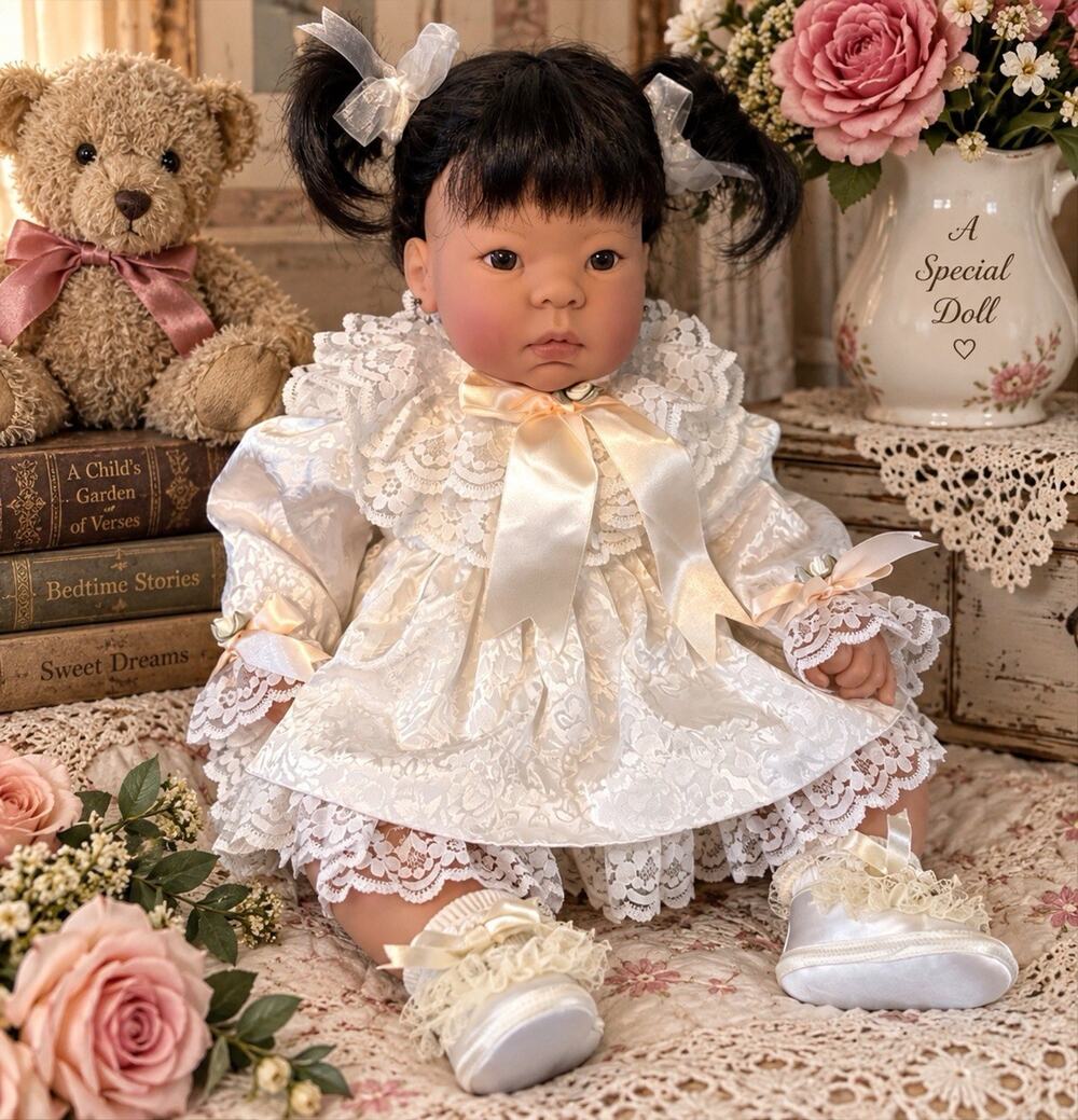 Lee Middleton Reva Schick Asian Girl Doll 23” Black Hair Lace Satin Dress
